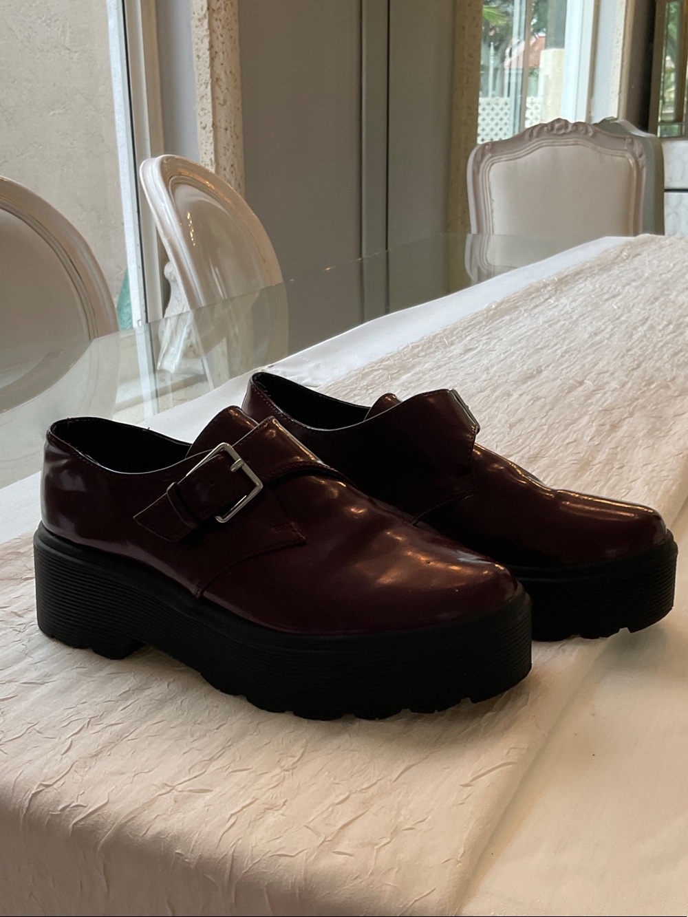 Forever 21 Burgundy Patent Platform Monk Strap Loafers